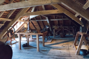 The roof. It was semi-recently repaired; interesting to see the old carpenters markings and the clever ways they worked around not using nails